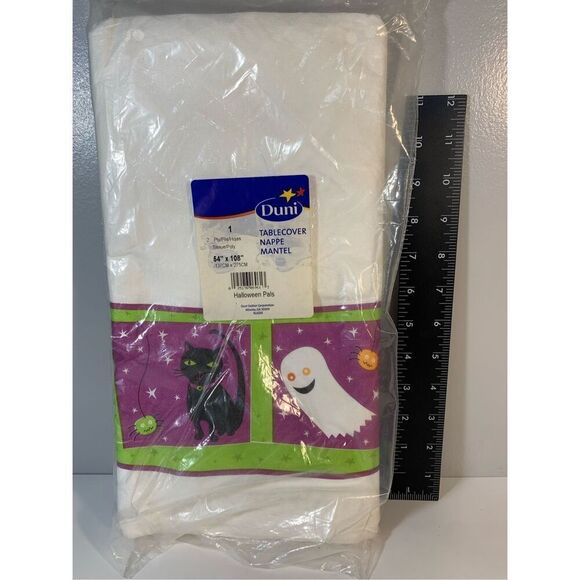 Vintage HALLOWEEN Paper Tablecloth- DUNI -NEW 54”x108” Green/Ppl Cat/Ghost - Picture 1 of 5